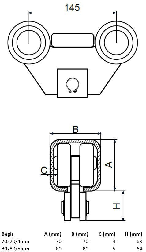 Pasiverciantis elementas vartams su 5 plastikiniais ratukais.
