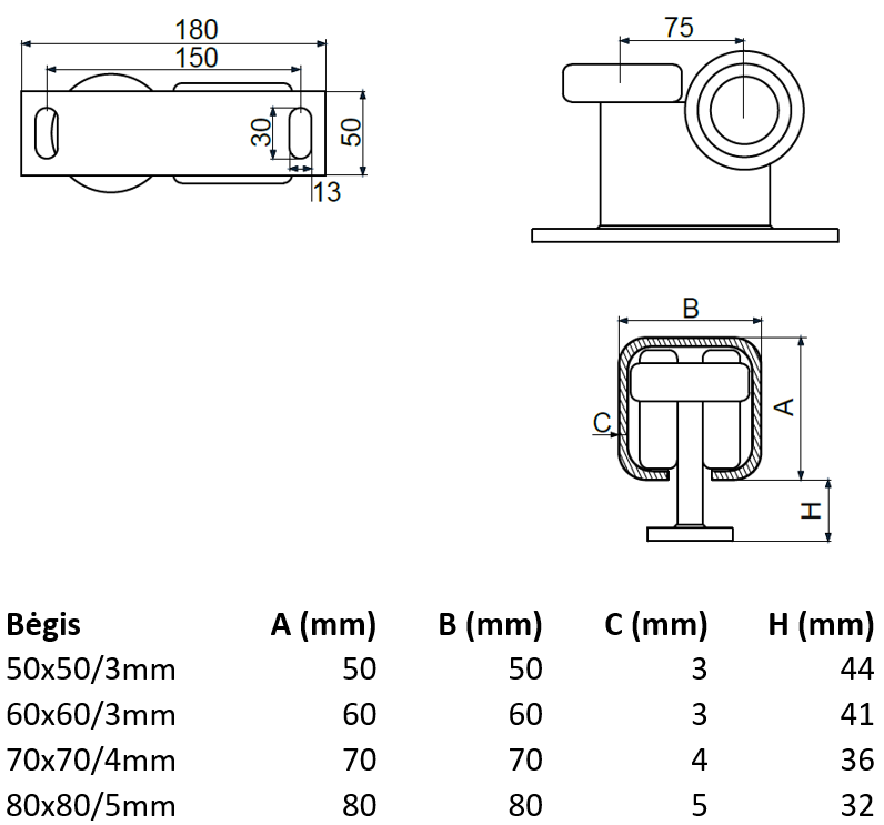 Vezimelis kabantiems vartams fiksuotas su 3 plastikiniais metaliniais ratukais.