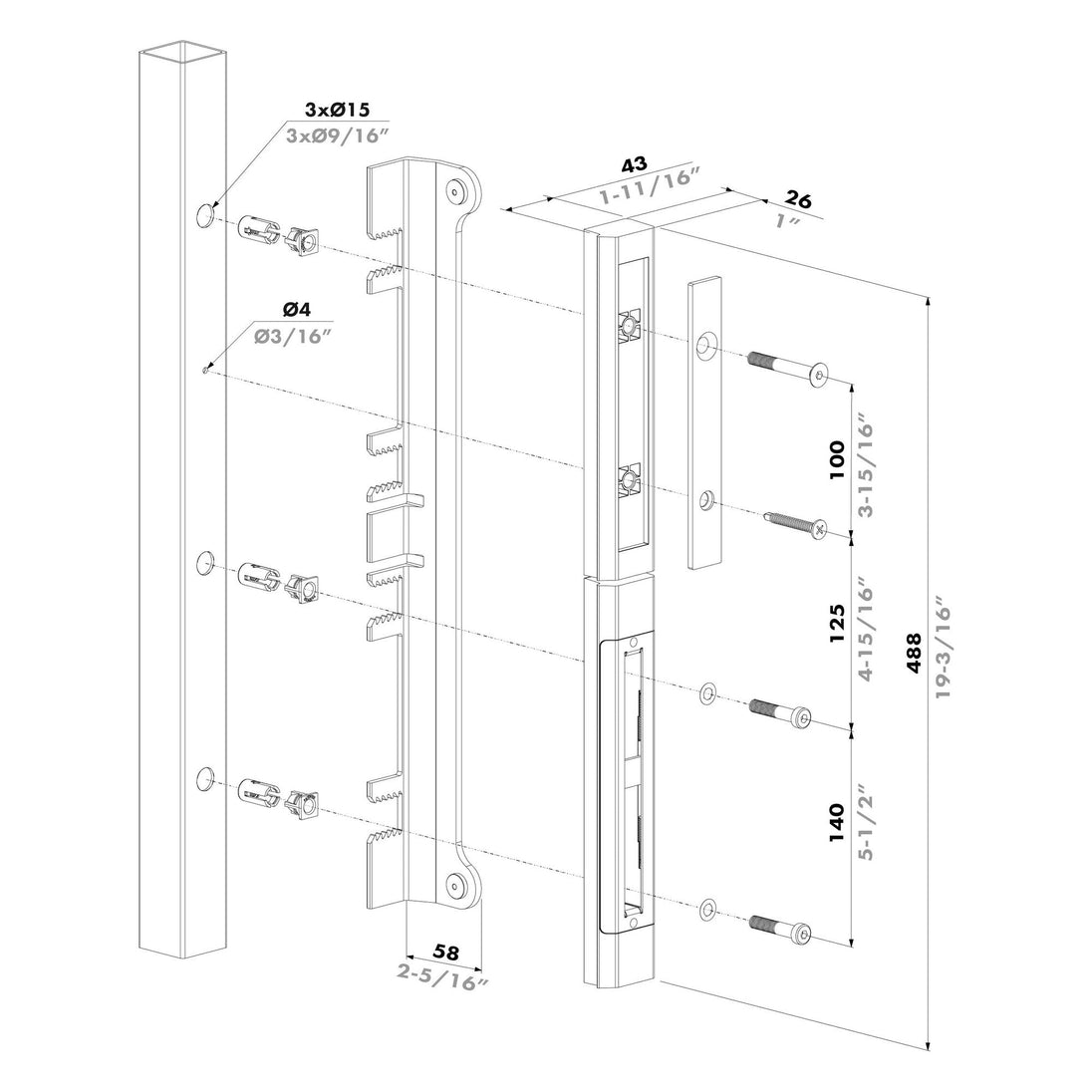 Locinox SFKO-V ir SFKO-V-5060 atramos-gaudytuvo matmenys ir montavimo schema